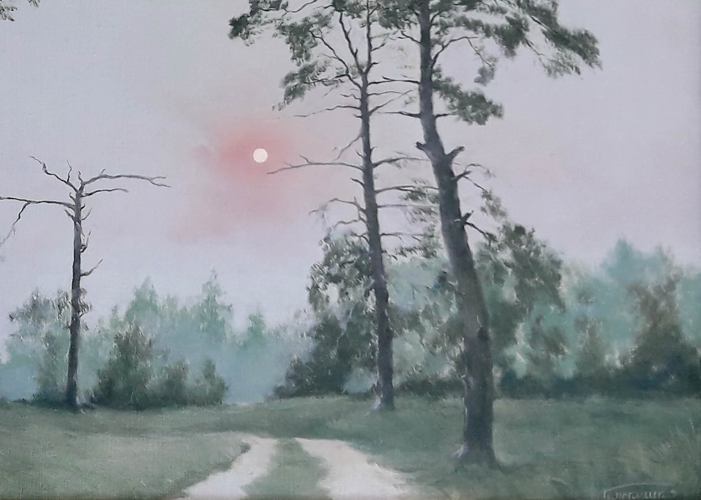 Oil painting Daylight Korkishko Vasily: misty forest path with pink sun