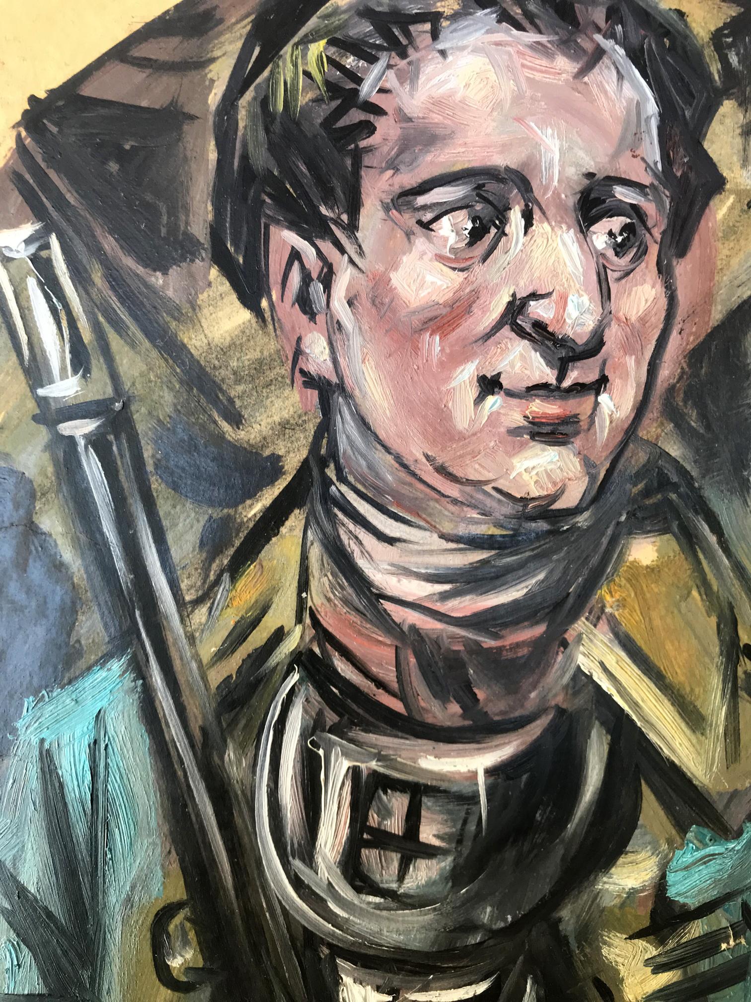 Oil painting portrait of soldier in overcoat by Alexander Litvinov