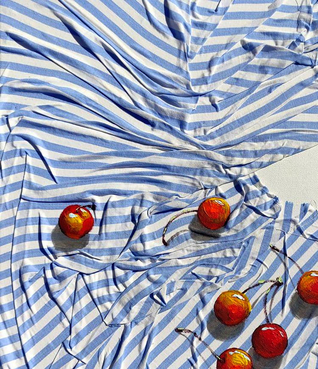 Vibrant acrylic painting of red cherries by Elena Klimenko on striped fabric