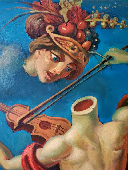 Oil painting Allegory of Autumn by Litvinov Daniil Olegovich with womans head in golden headdress adorned with red apples and grapes