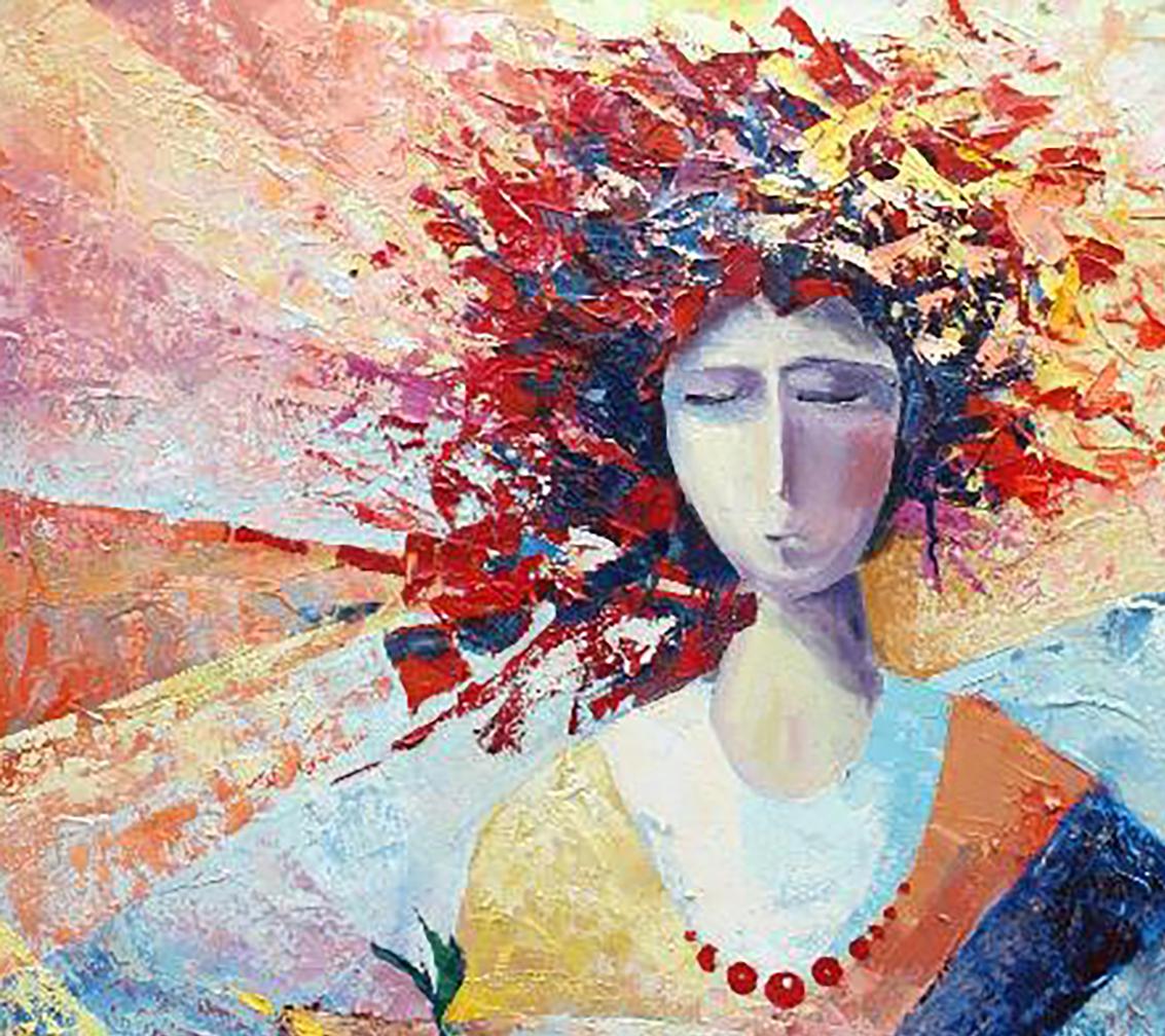 Oil painting Morning by Kirilenko Ivan: vibrant woman in floral headdress