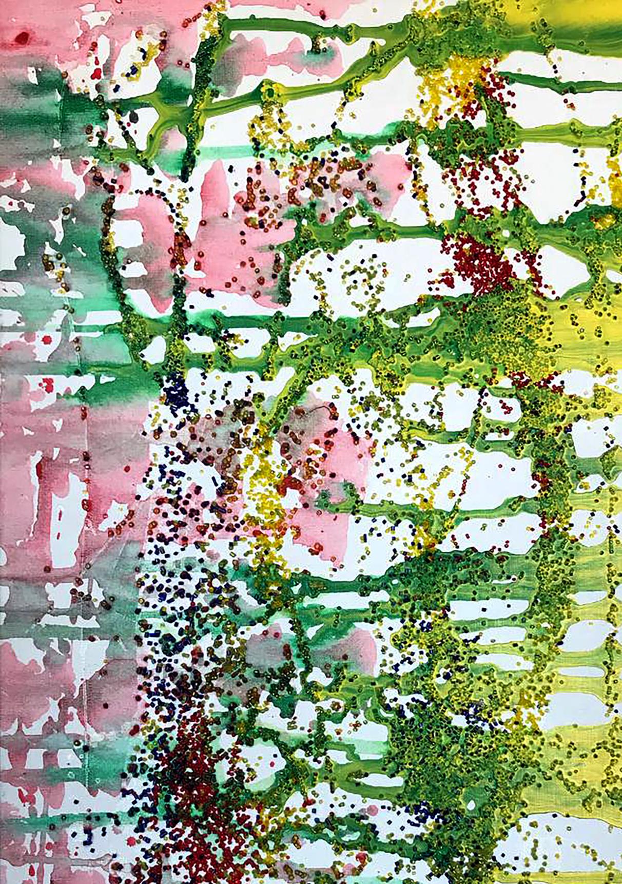Vibrant Morning Sun acrylic painting by Melezhik Olga with pink, green, yellow splashes and glitter