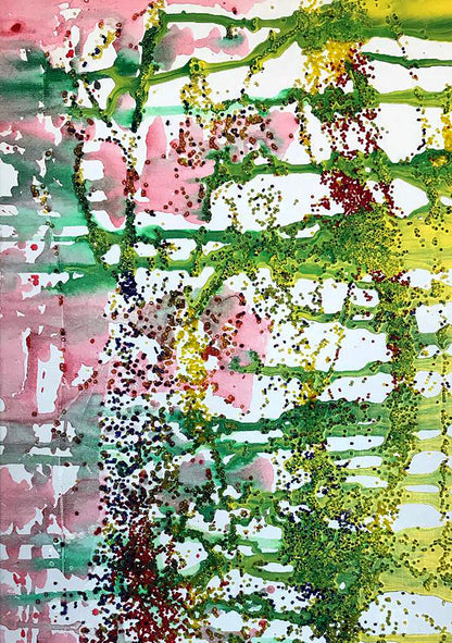 Vibrant Morning Sun acrylic painting by Melezhik Olga with pink, green, yellow splashes and glitter