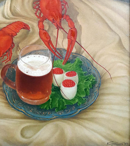 Oil painting of vibrant red lobster by Korkishko Vasily on blue plate