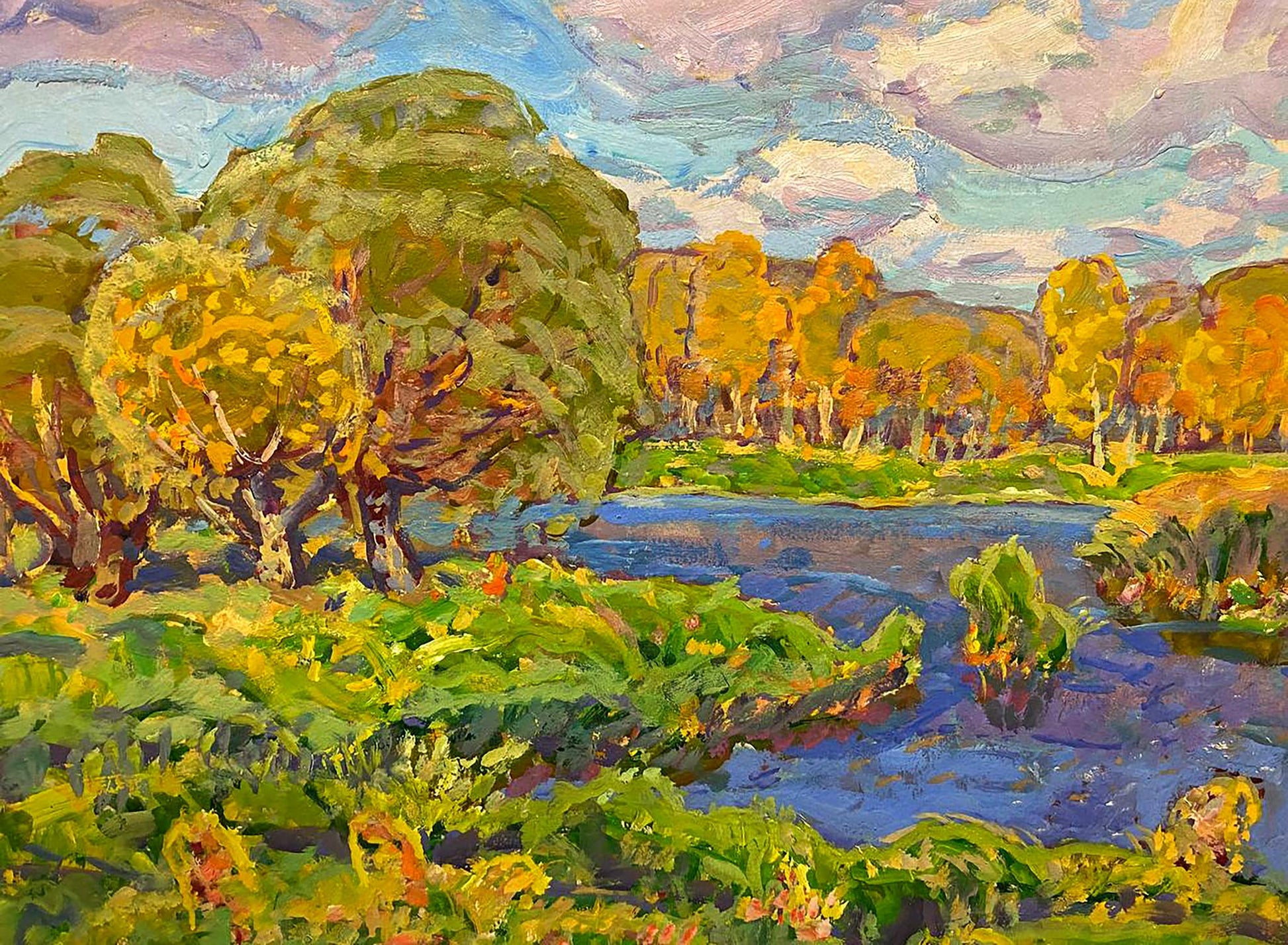 Vibrant impressionist oil painting Rest in the autumn forest by Kolosovsky Georgy Sergeevich