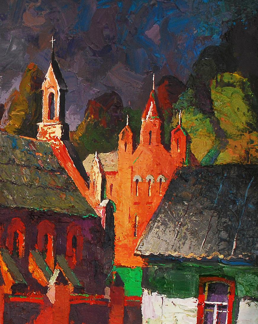 Oil painting Old misto Storm by Egor Shvachunov vibrant orange-red church