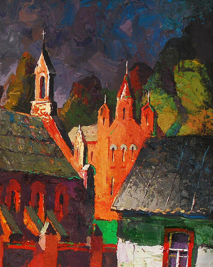 Oil painting Old misto Storm by Egor Shvachunov vibrant orange-red church