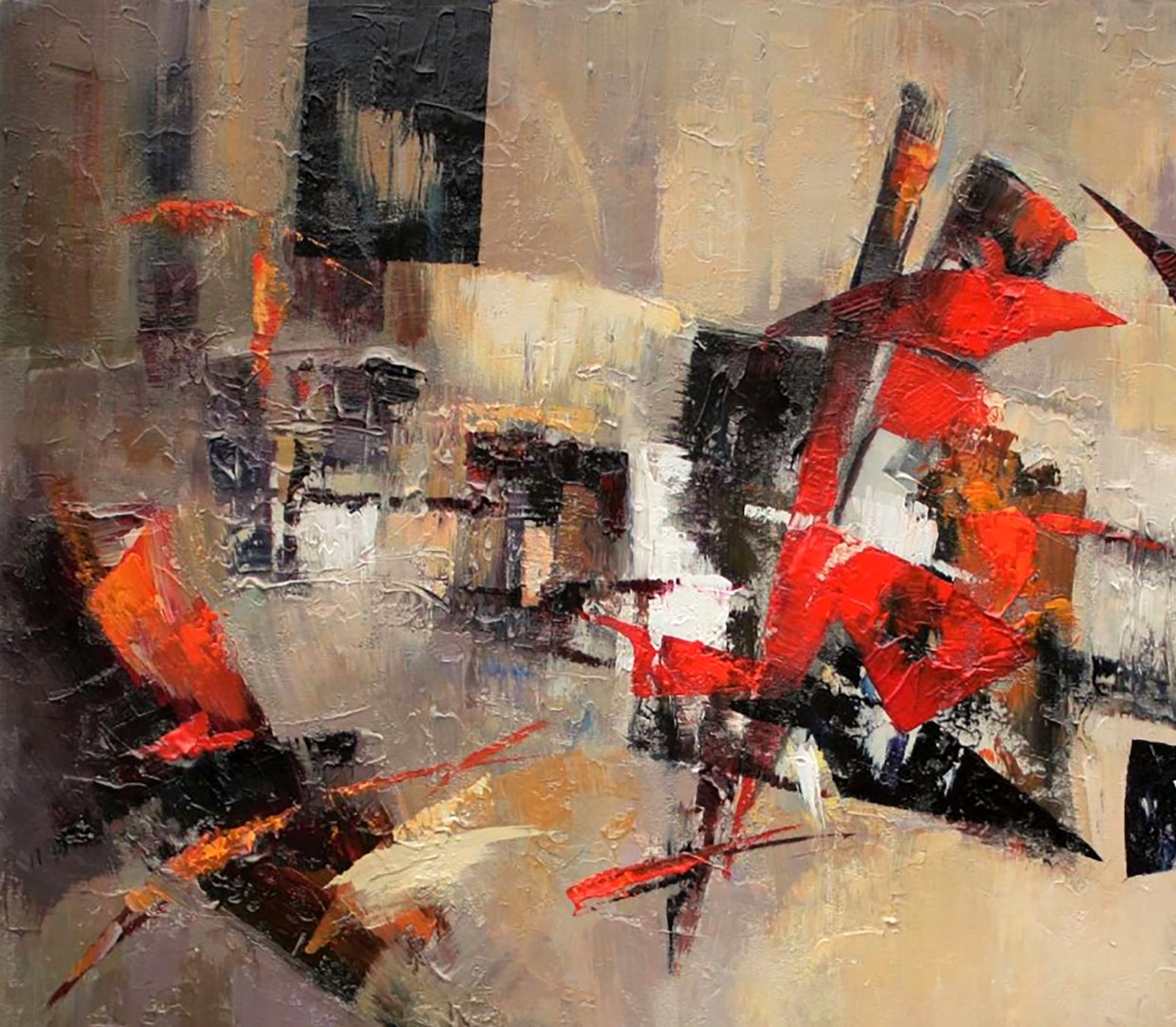Oil painting New Arena by Valentina Alekseevna Kozyar, bold red black beige strokes