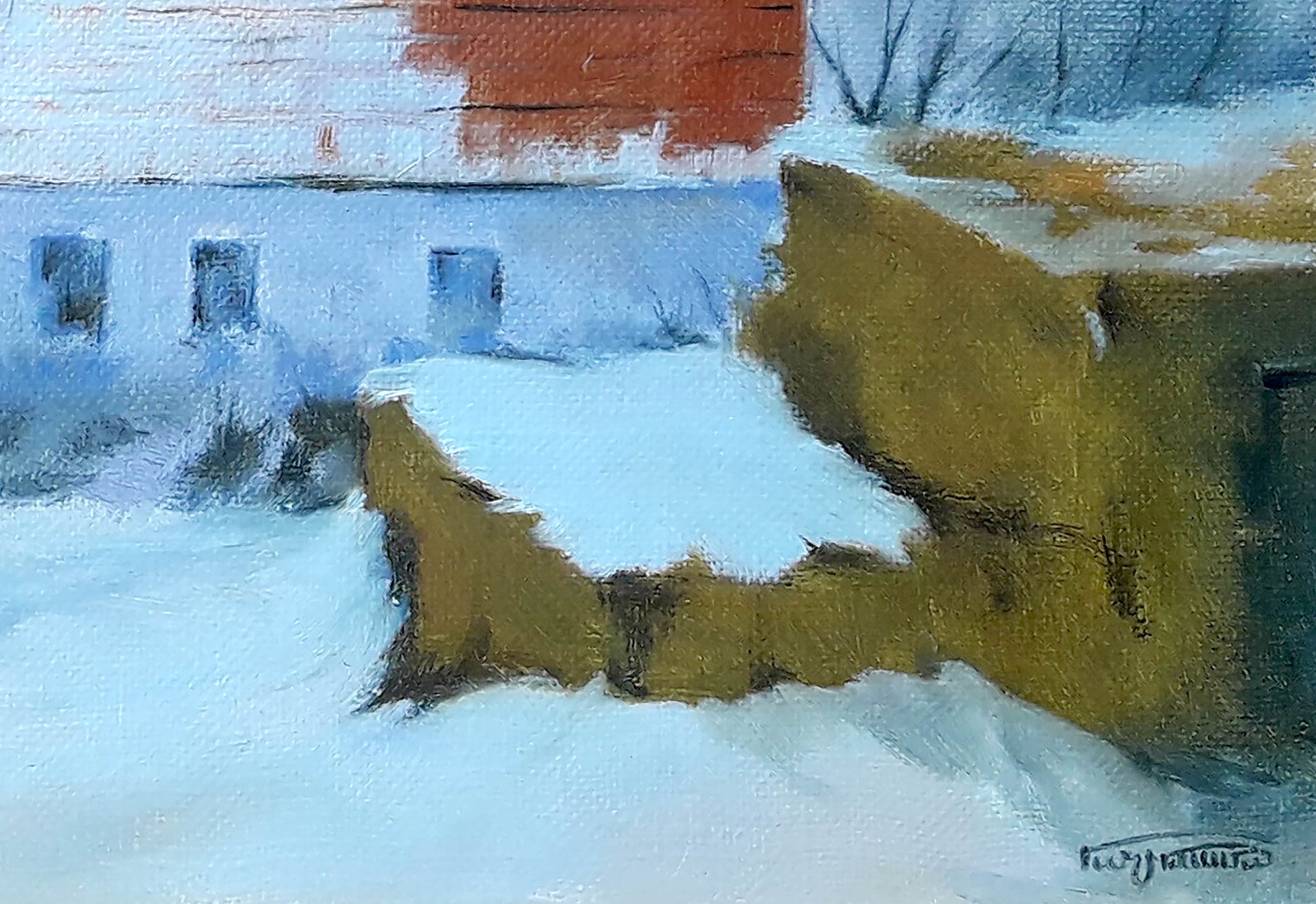Oil painting of snow-covered house by Vasily Korkishko