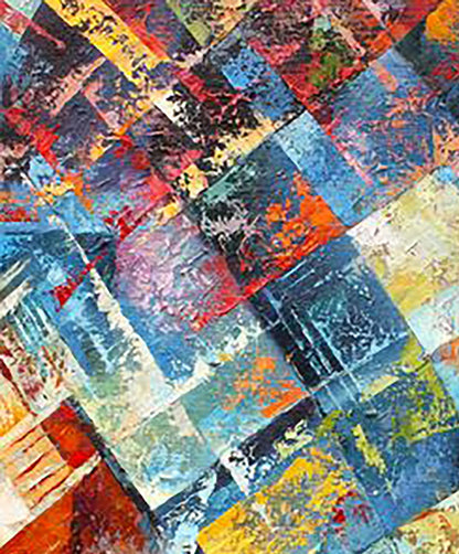Vibrant Awakening oil painting by Kirilenko Mikhail, bold mosaic rectangles