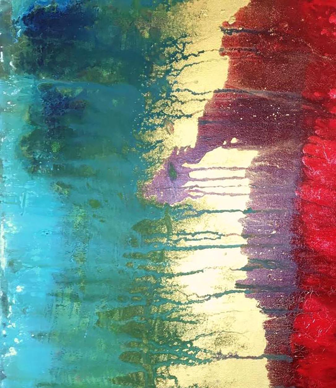 Vibrant abstract acrylic painting Excitation by Melezhik Olga in teal, gold, red
