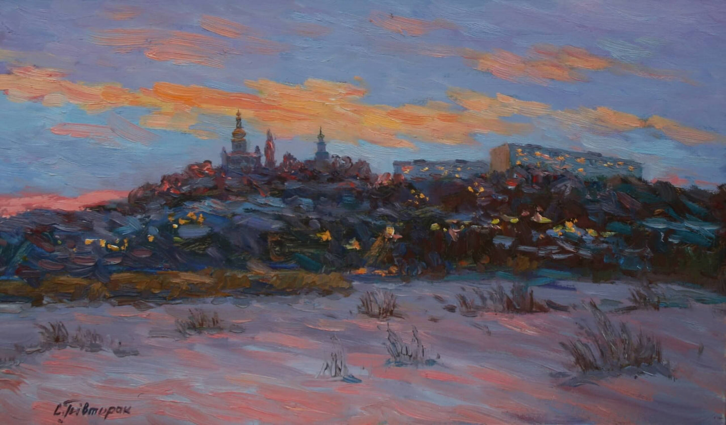 Oil painting Twilight by Sergiy Pivtorak: snowy dusk landscape