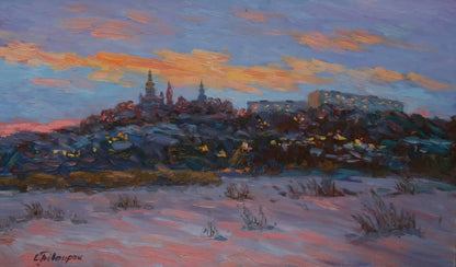 Oil painting Twilight by Sergiy Pivtorak: snowy dusk landscape