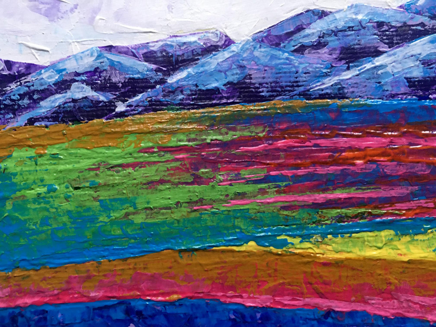 Vibrant oil painting Cloudy day in mountains by V. Zadorozhnya with bold textured blues greens pinks golds