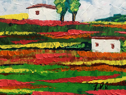 Vibrant oil painting Somewhere in the field by Zadorozhnya V. V. with hills, stripes, houses