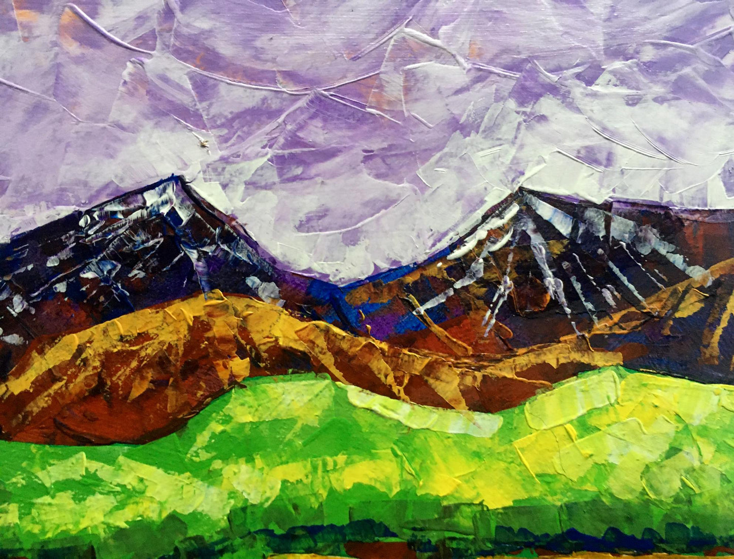 Vibrant colorful mountains oil painting by V. Zadorozhnya with purple, black, gold, green layers