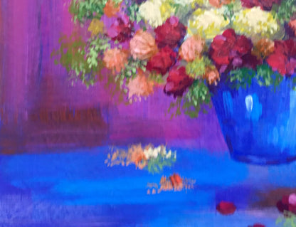 Oil painting of vibrant mixed roses bouquet by Zadorozhnya V. V. in blue vase