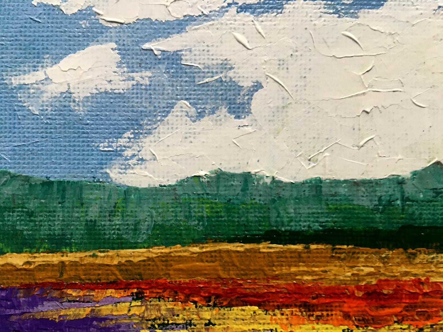Oil painting After the Rain by V. Zadorozhnya: blue sky, clouds, green hill, vibrant bands