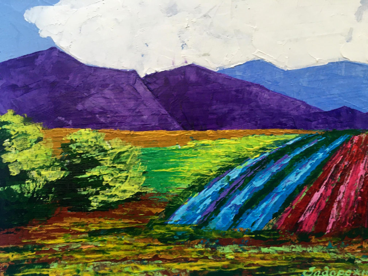 Vibrant oil painting of V. Zadorozhnya vineyards in purple mountains
