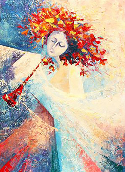Oil painting Spring song by Kirilenko Ivan: woman in blue gown, fiery hair