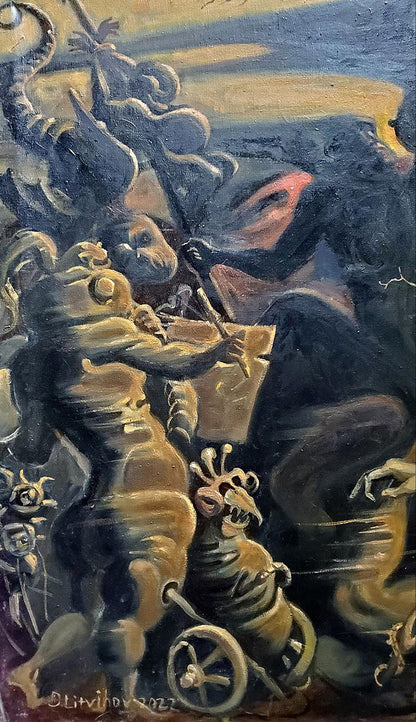 Dark surreal oil painting The Last Judgment of Paris by Litvinov Daniil Olegovich