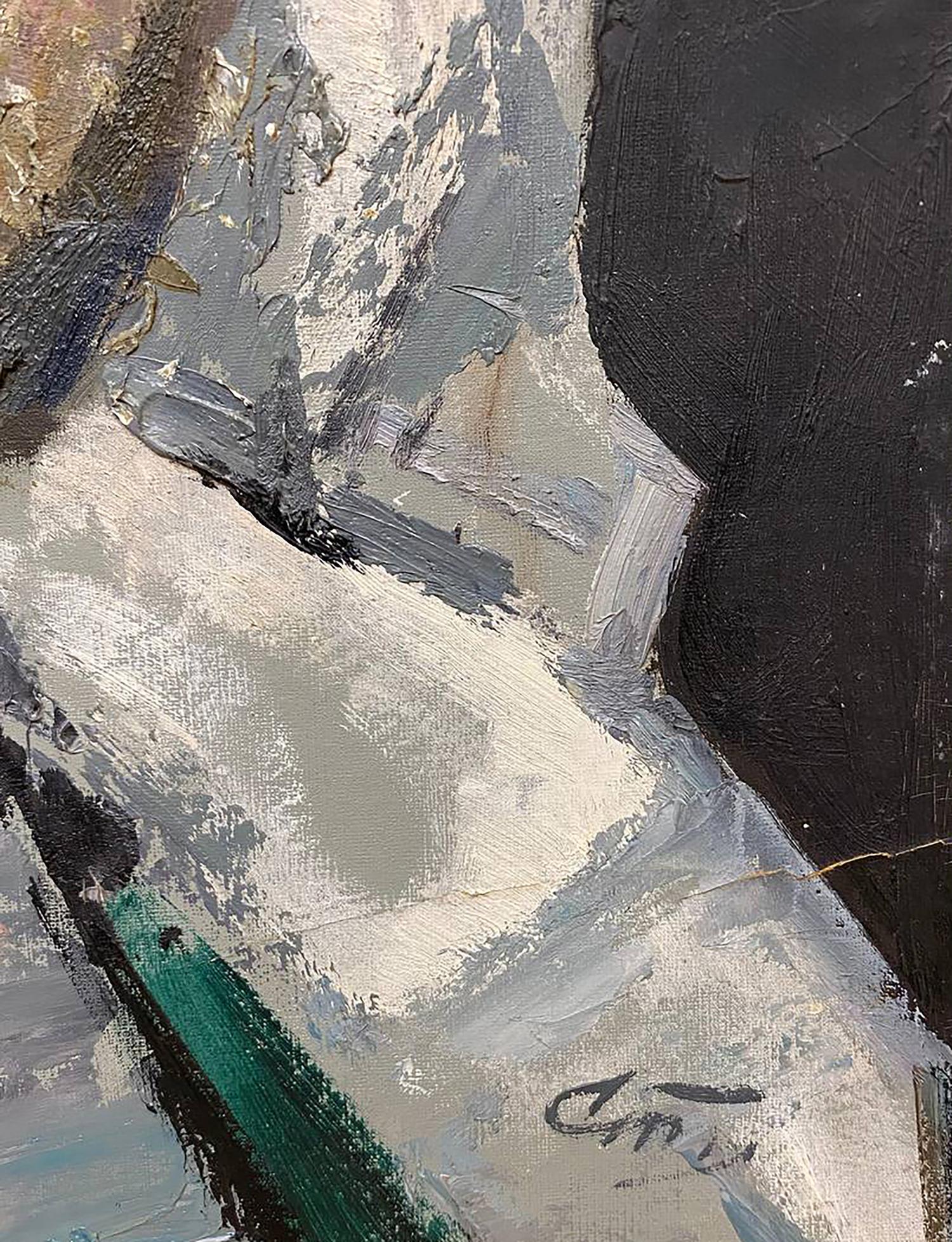 Abstract oil painting Milkmaid Stil by Leonid Mikhaylovich, gray black teal textures