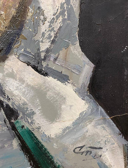 Abstract oil painting Milkmaid Stil by Leonid Mikhaylovich, gray black teal textures