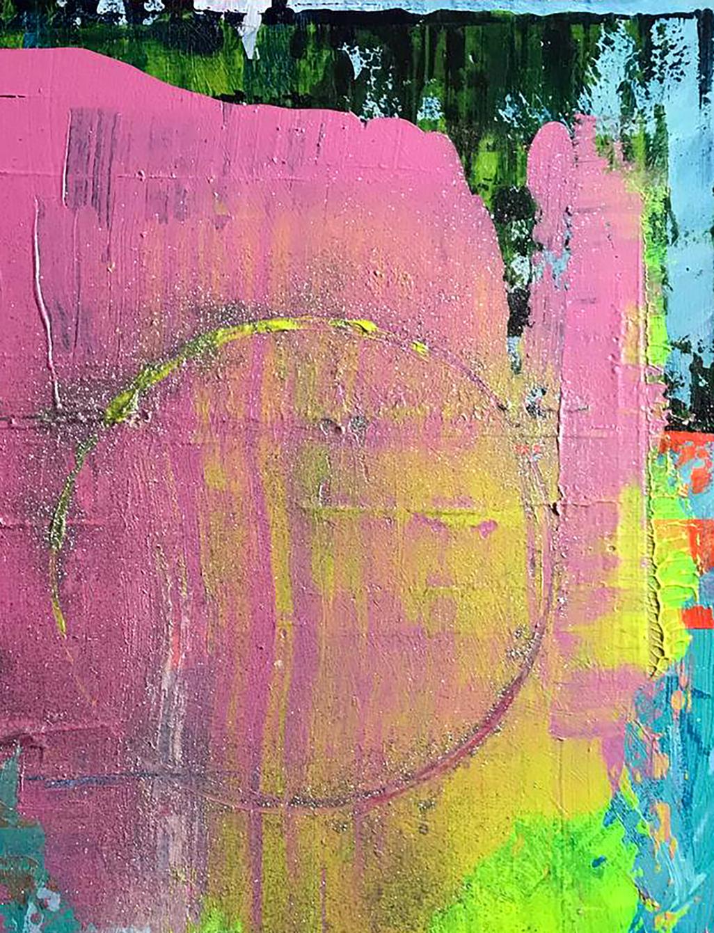 Vibrant New Moon acrylic painting by Melezhik Olga, textured pink-yellow face