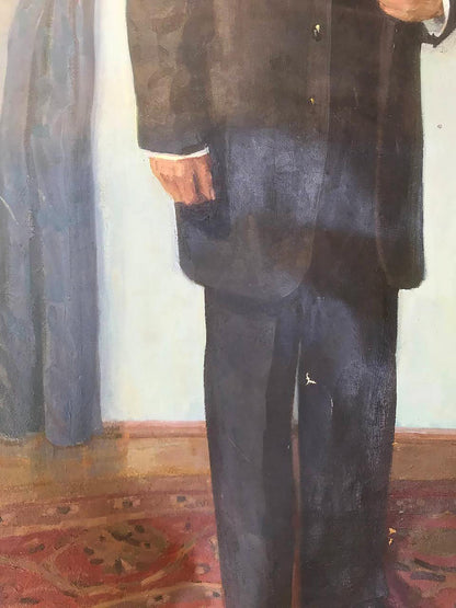 Oil painting of Karl Marx in dark navy textured suit with black buttons