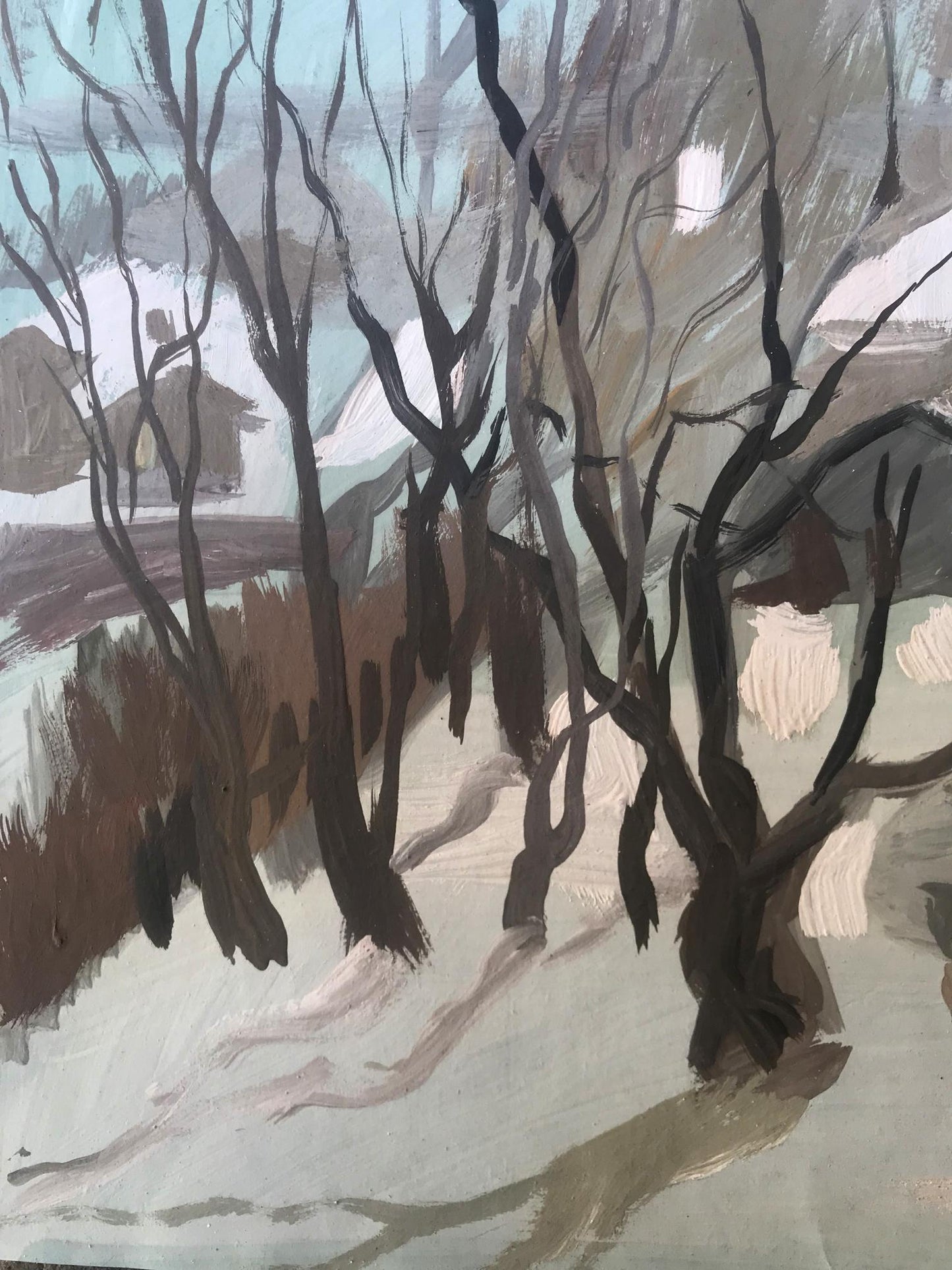 Oil painting Grandma returns in the evening by Alexander Litvinov, snowy trees