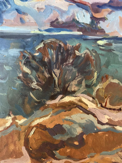 Oil painting Early Winter by Alexander Arkadievich Litvinov, textured rock formation