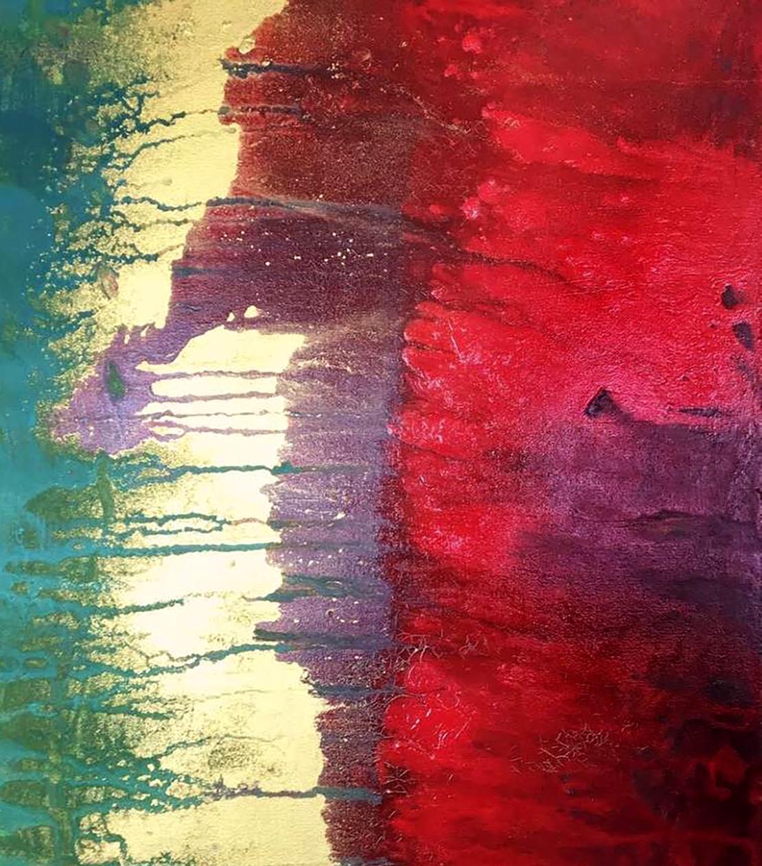 Vibrant abstract acrylic painting Excitation by Melezhik Olga with reds, purples, gold