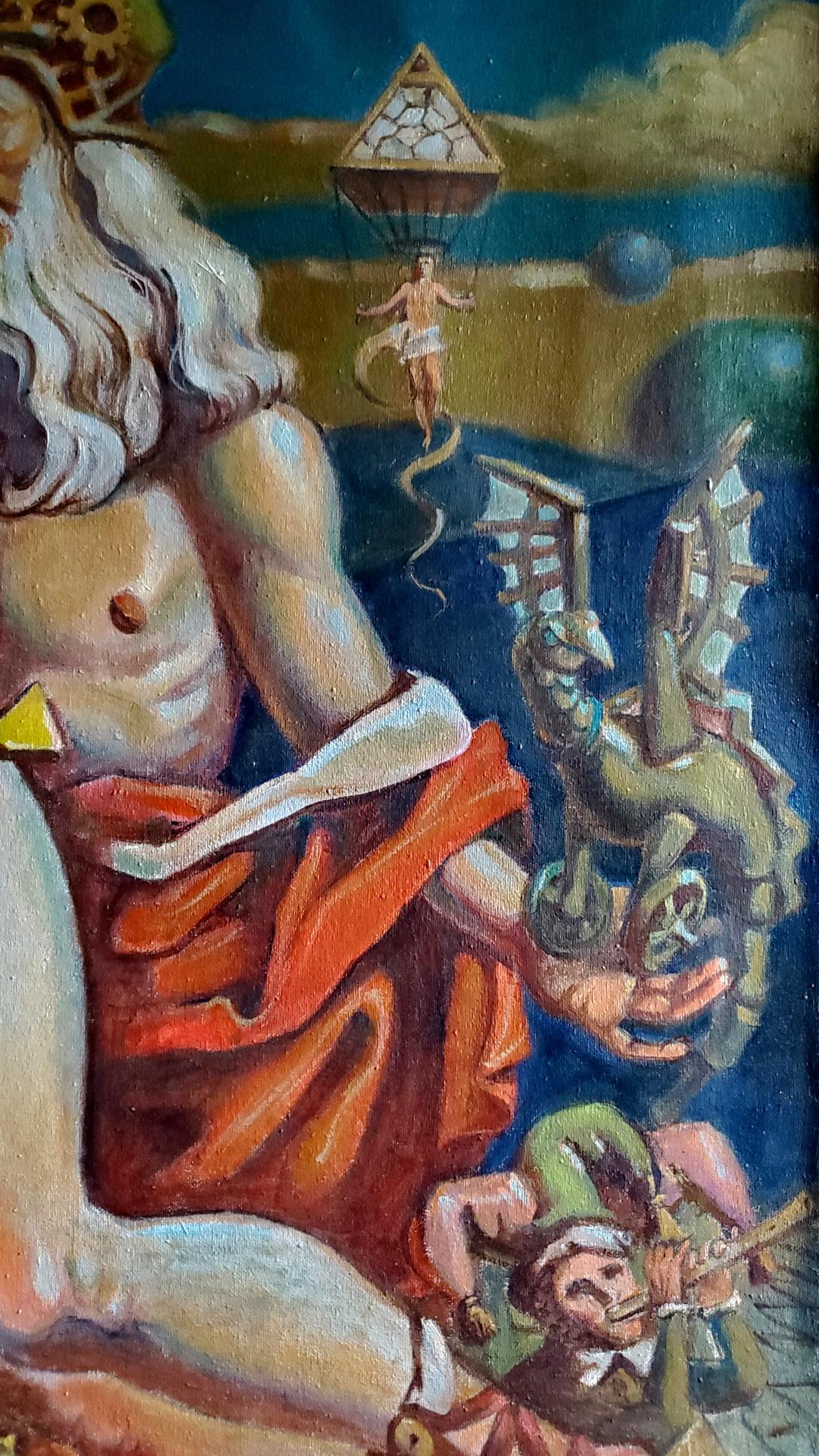 Surreal oil painting by Litvinov Daniil Olegovich: muscular figure with red fabric holds winged mechanical creature