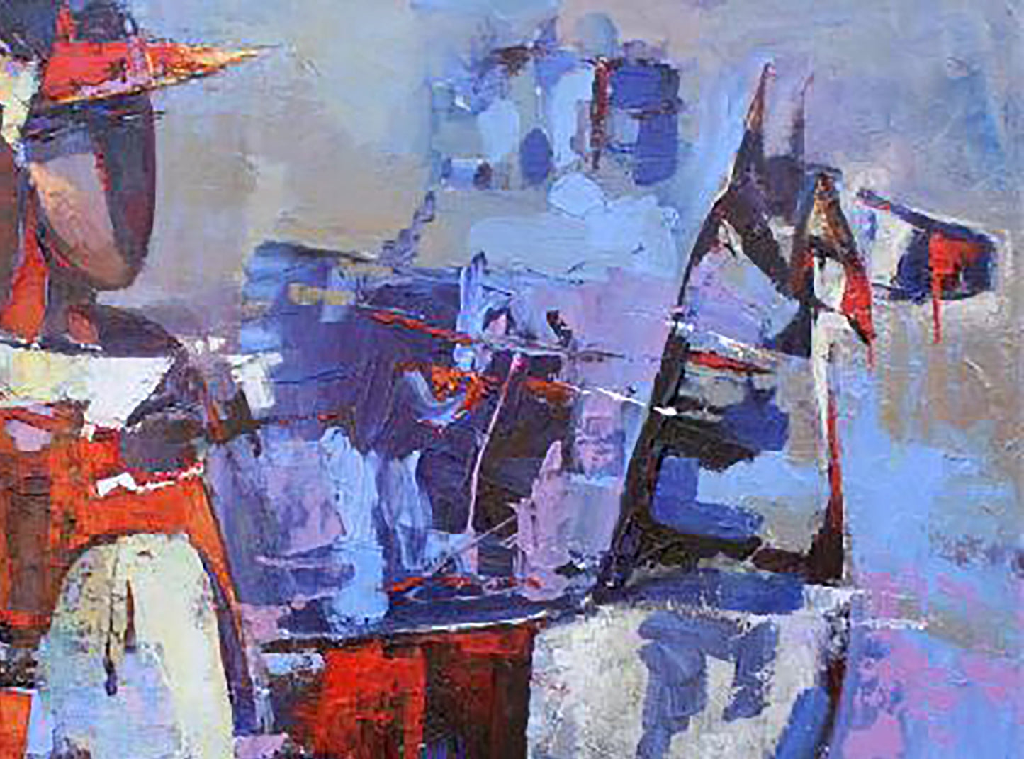 Oil painting Evening rendezvous by Valentina Alekseevna Kozyar, bold blue red white strokes