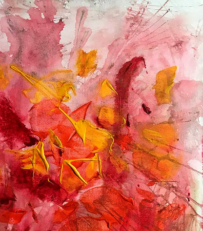 Abstract acrylic painting Secret Scent by Melezhik Olga with pink red yellow splashes