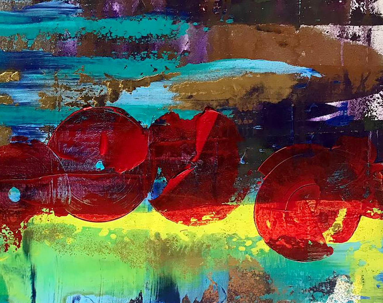 Vibrant red circular forms on teal yellow brown abstract canvas by Melezhik Olga