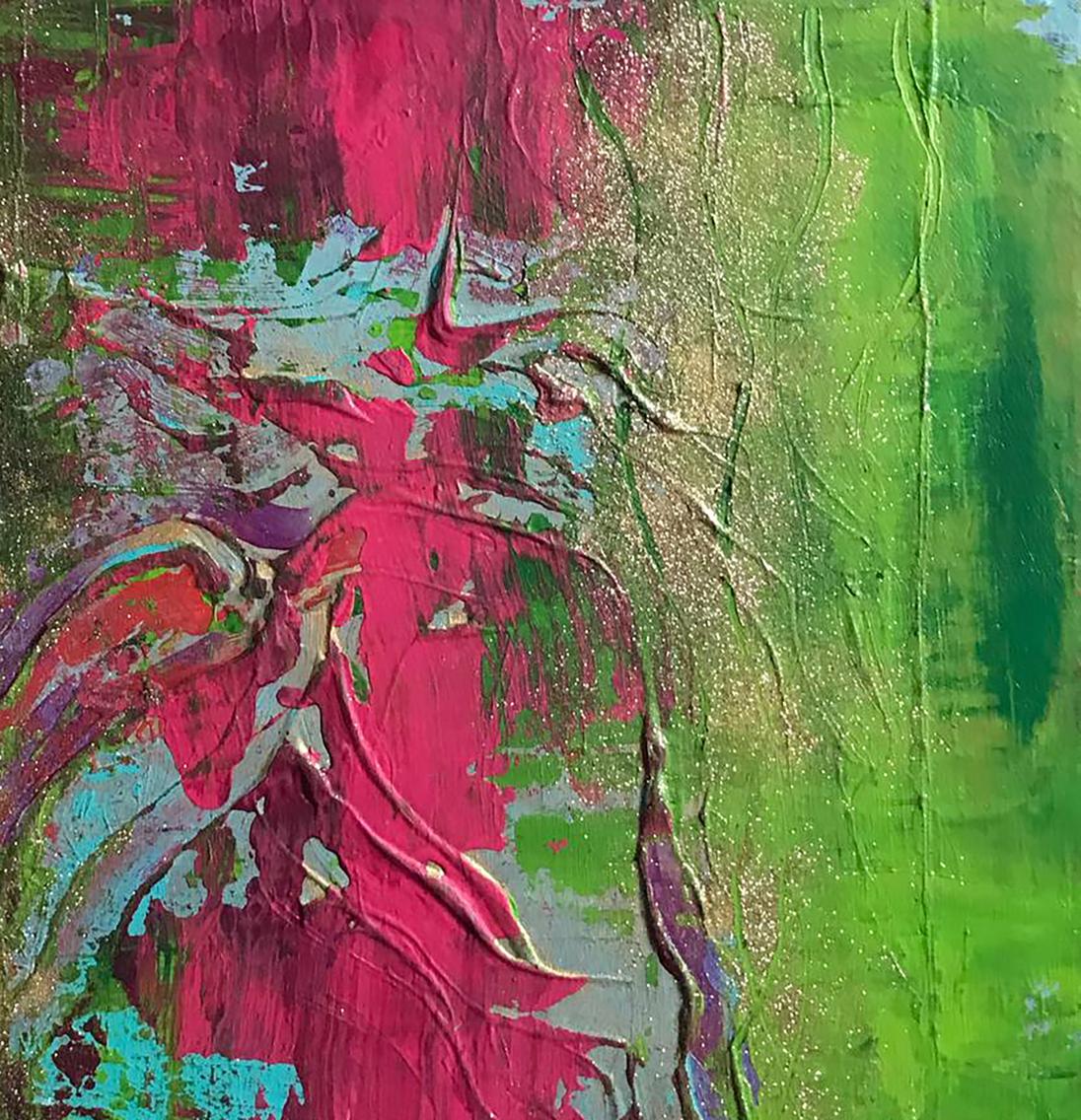 Vibrant luxury beach acrylic painting by Melezhik Olga in pink, green, gold