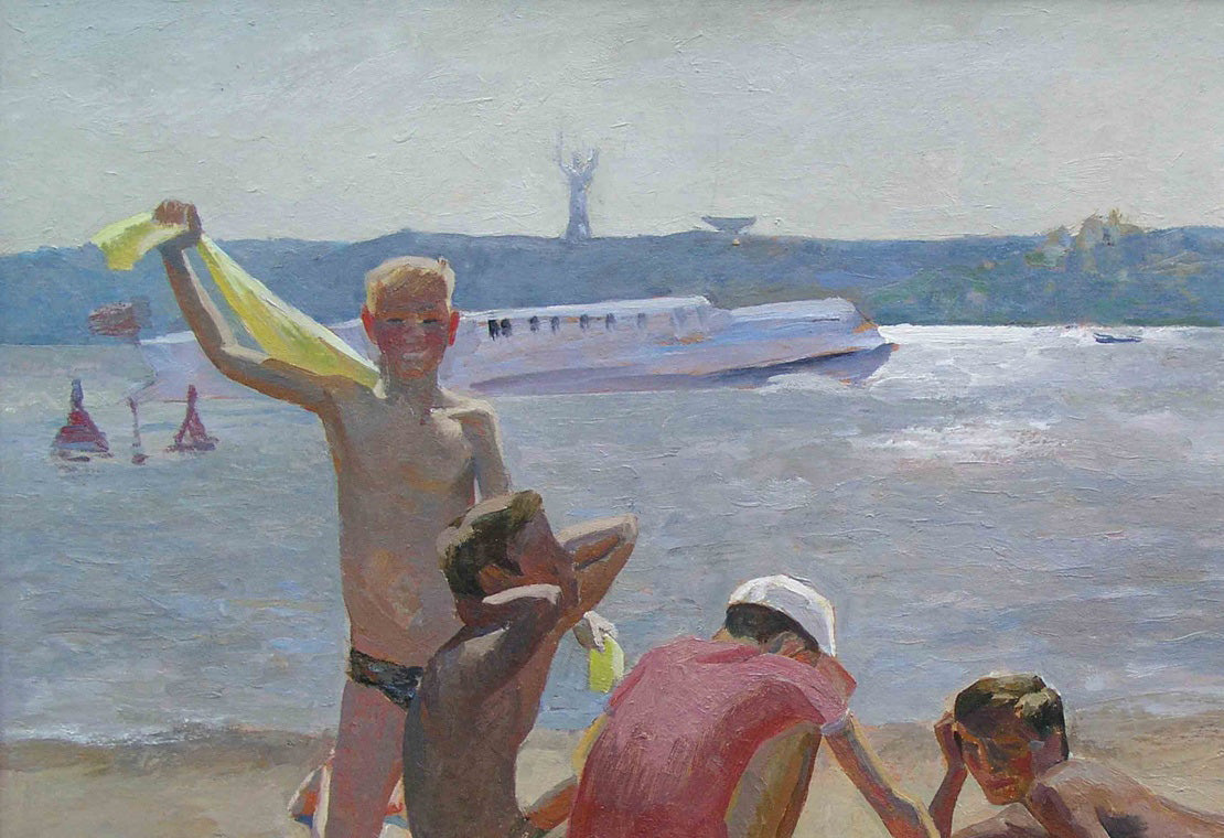 Boy in swim trunks on beach with yellow towel, Oil painting in Hydropark Chichkan by Leonid Illich