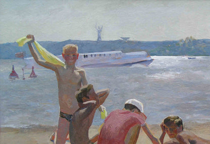 Boy in swim trunks on beach with yellow towel, Oil painting in Hydropark Chichkan by Leonid Illich