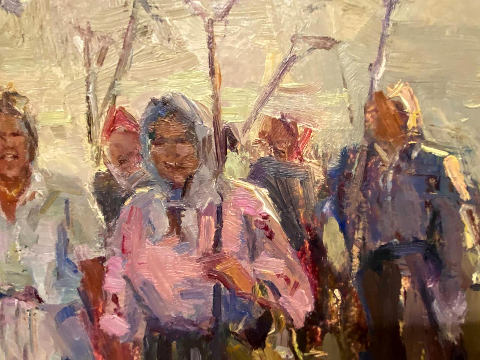 Vibrant impressionist oil painting of Kolkhoz women by unknown artist