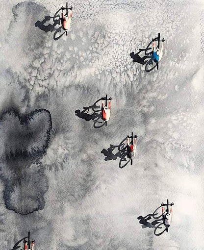 Watercolor ink bike pattern by Elena Klimenko in black, white, gray with red, blue details