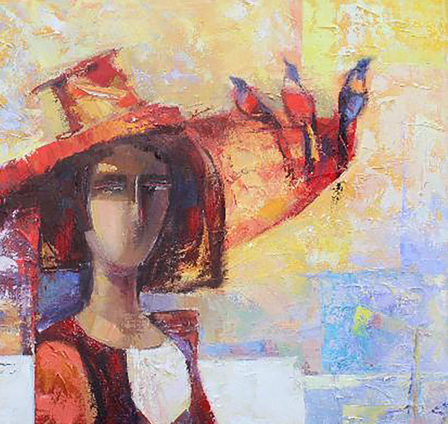 Vibrant oil painting Nightingales by Kirilenko Ivan: woman in red hat with birds