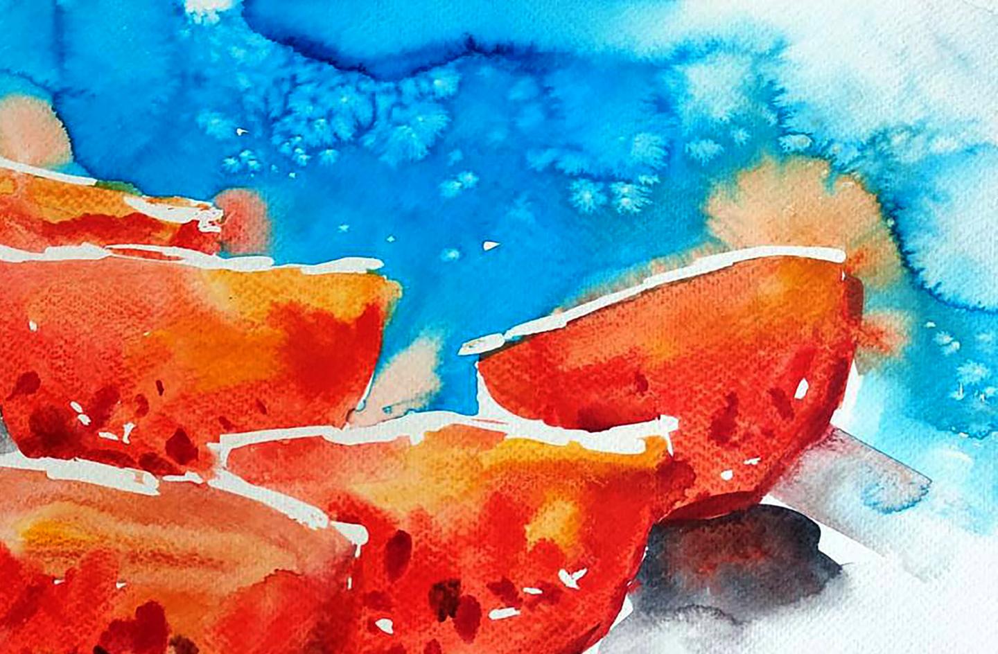 Vibrant watercolor tomatoes by Elena Klimenko on blue white background
