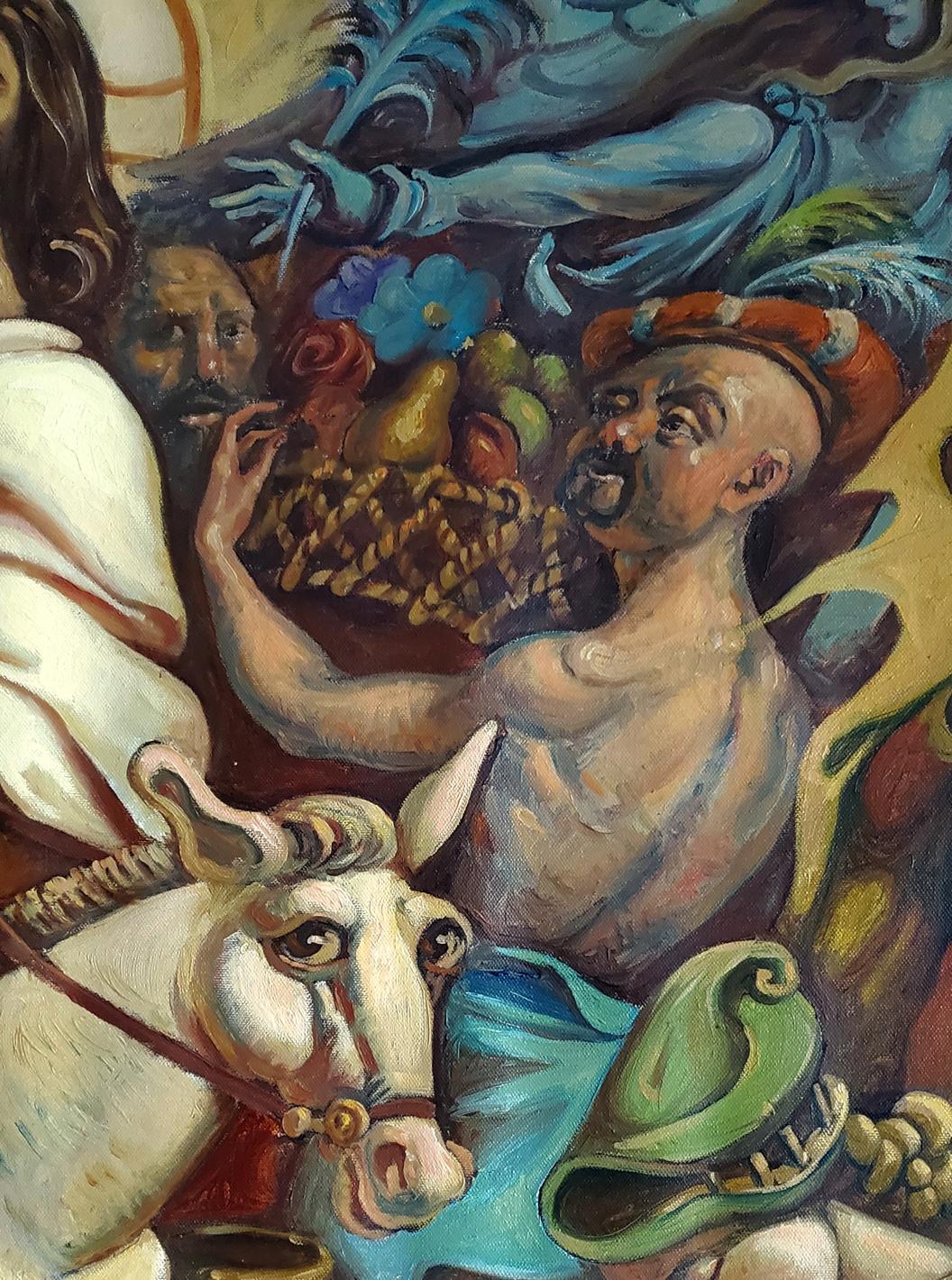 Oil painting of muscular man in feathered hat with fruit basket by Litvinov Daniil Olegovich