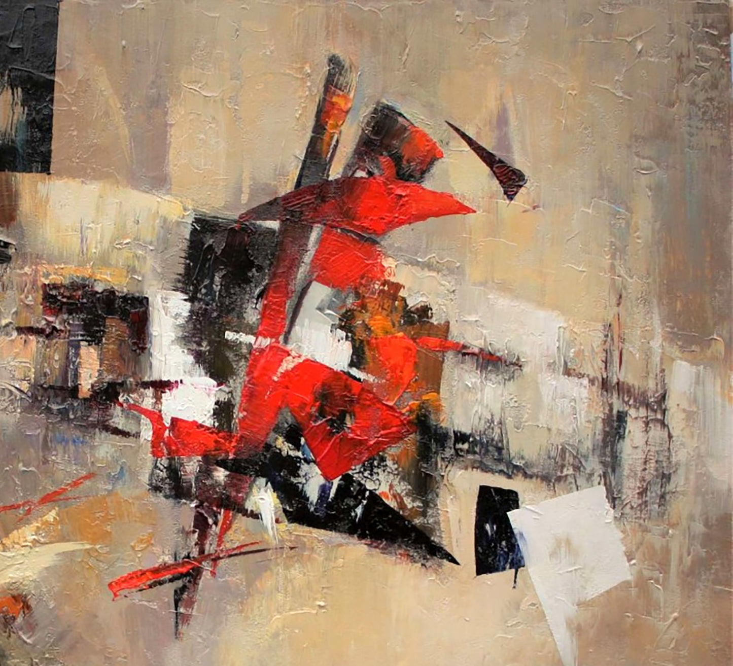 Oil painting New Arena by Valentina Alekseevna Kozyar, bold red black white forms on beige