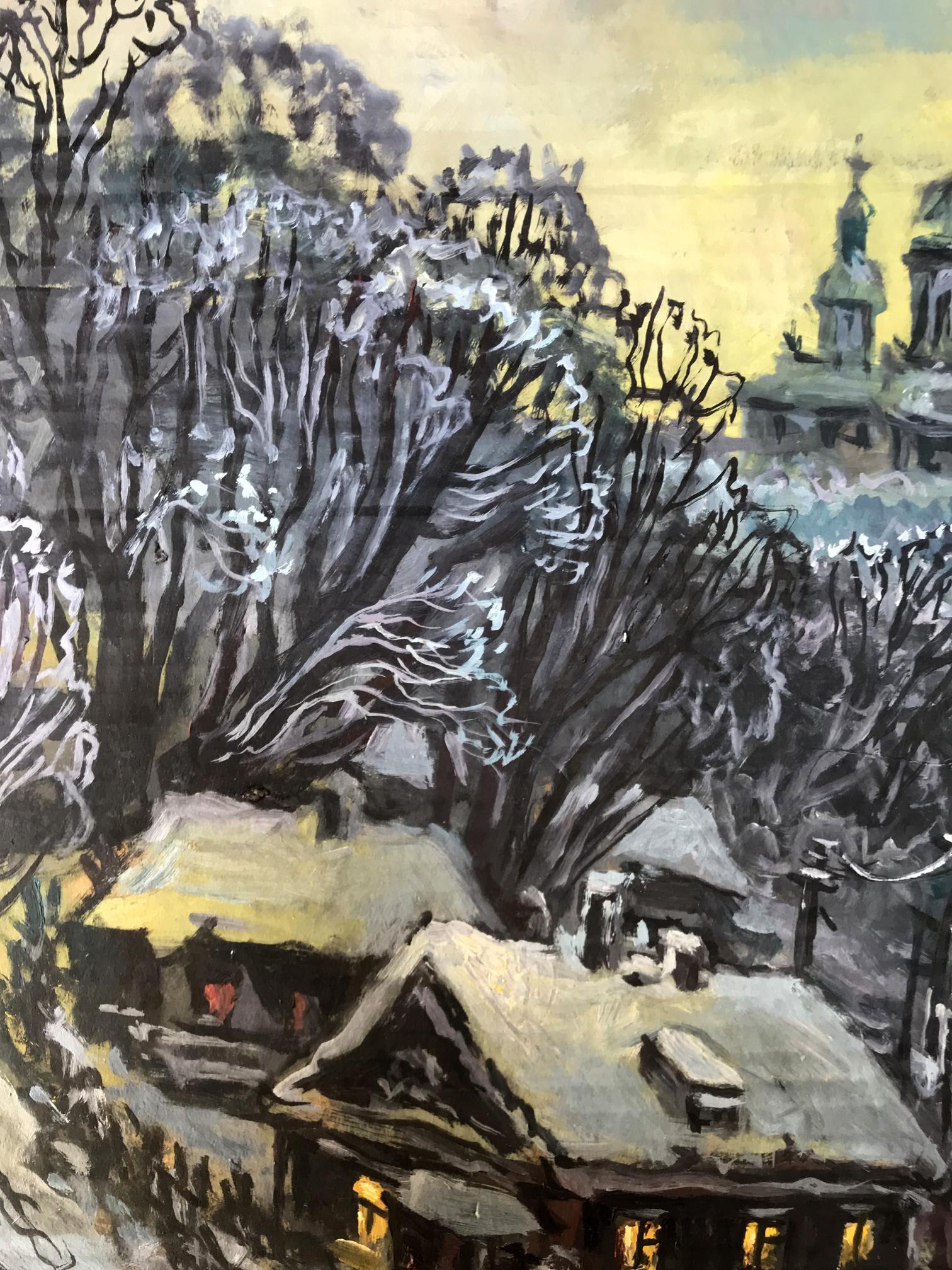 Snowy village rooftops and bare trees under pale yellow sky by Litvinov