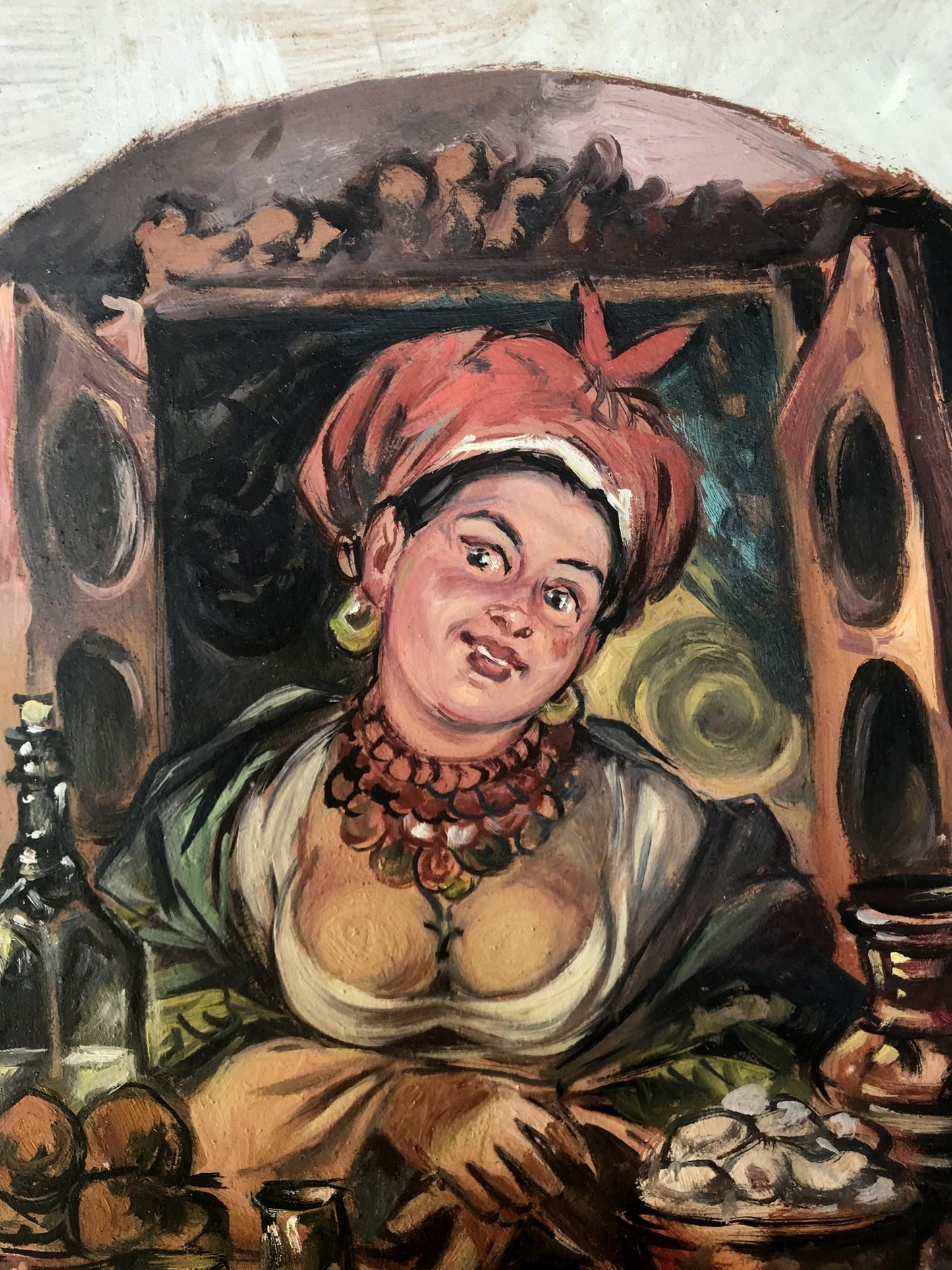 Oil painting Away by Alexander Arkadievich Litvinov: woman in red headscarf