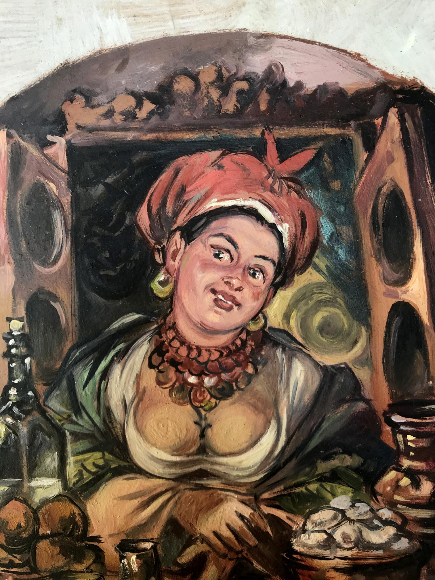 Oil painting Away by Alexander Arkadievich Litvinov: woman in red headscarf