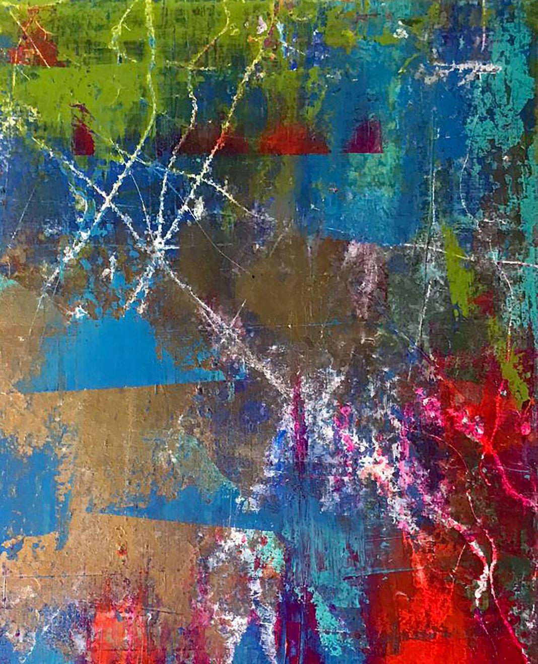 Vibrant abstract acrylic painting Start Melezhik Olga with blue green red gold textures
