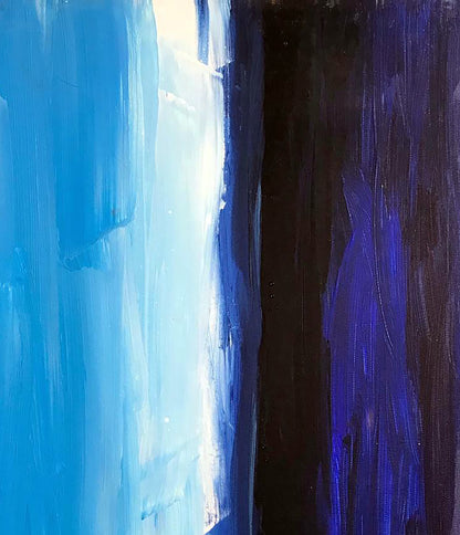 Waterfall abstract painting with bold blue navy black vertical strokes
